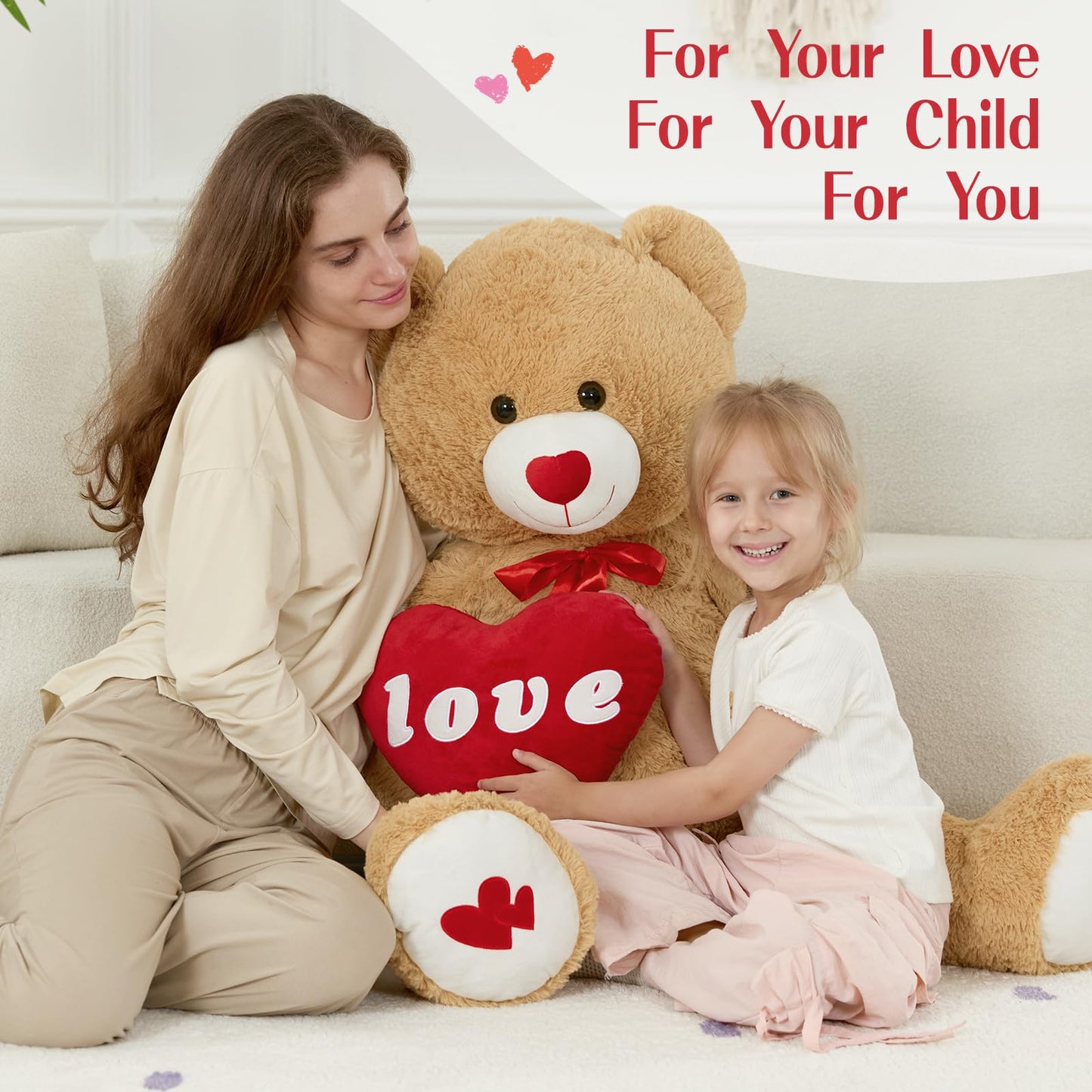MorisMos Love Heart Giant Teddy Bear – 4 ft I Love You Plush, Brown