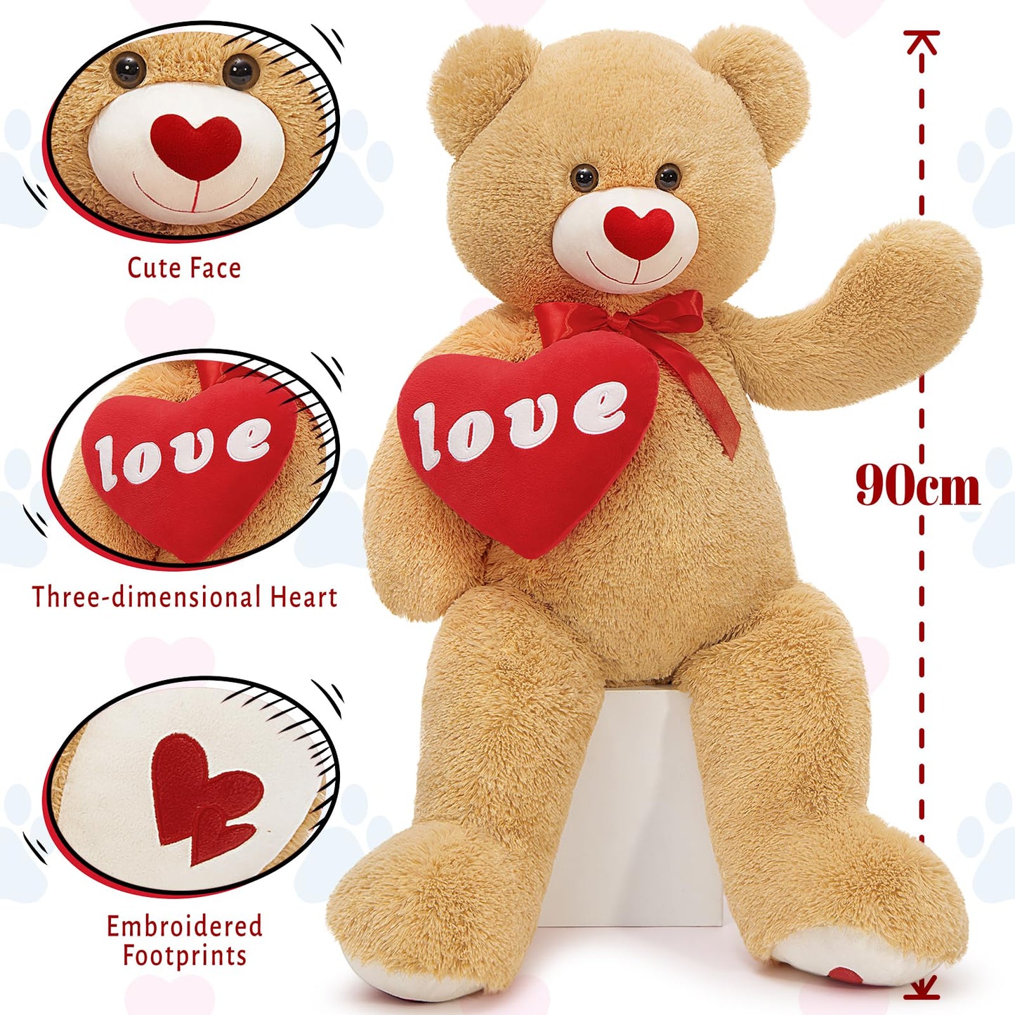 MorisMos Love Heart Red Giant Teddy Bear – 35.5-Inch Plush Gift