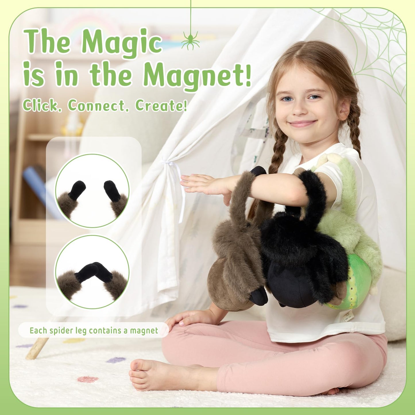 MorisMos 3 Pack Magnetic Spider Plush — 8-Inch Cute Spider Stuffed Animals for Kids, Decor & Gift