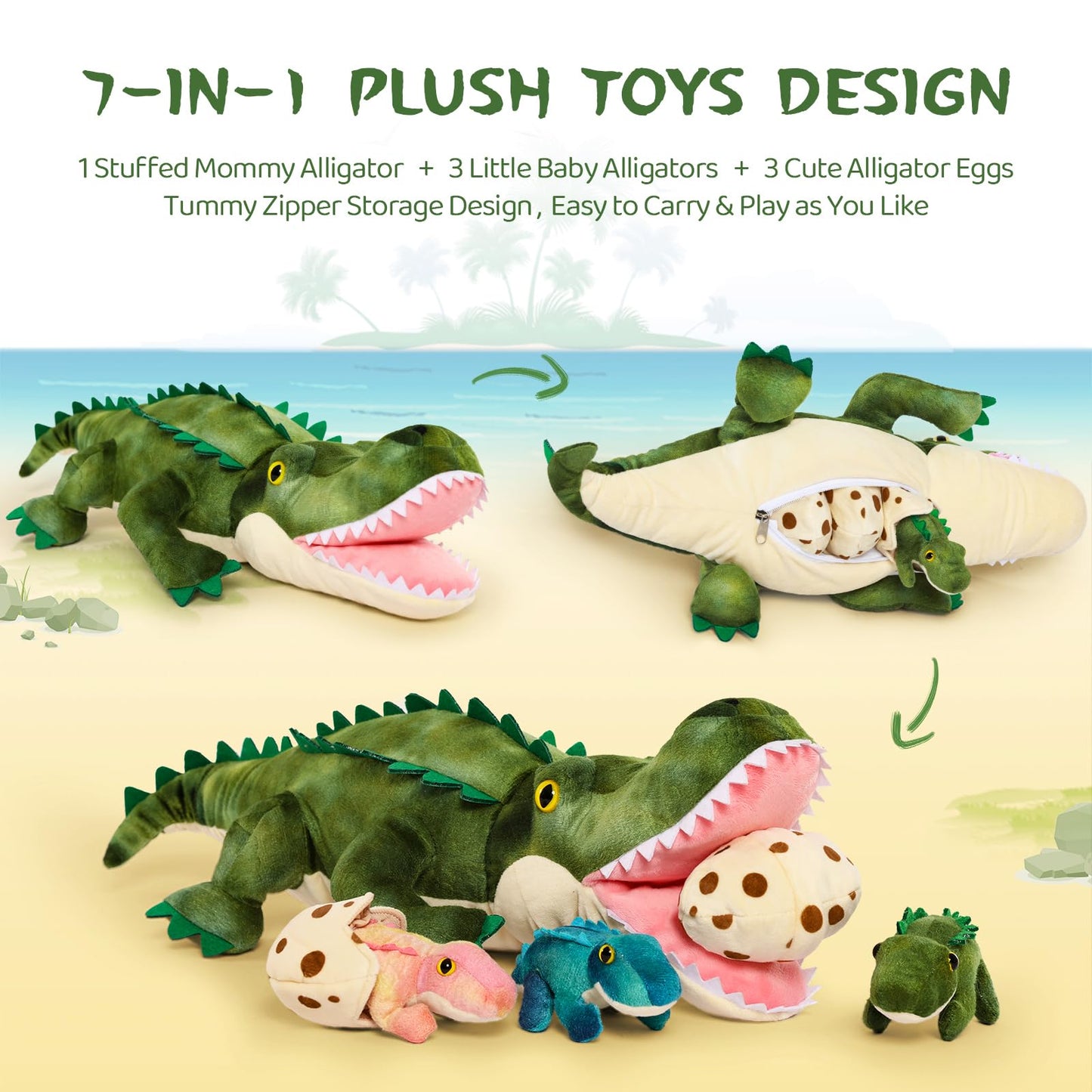 MorisMos Plush Alligator with Babies – 23.6'' Mommy Alligator + 3 Baby Crocodiles & 3 Plush Eggs
