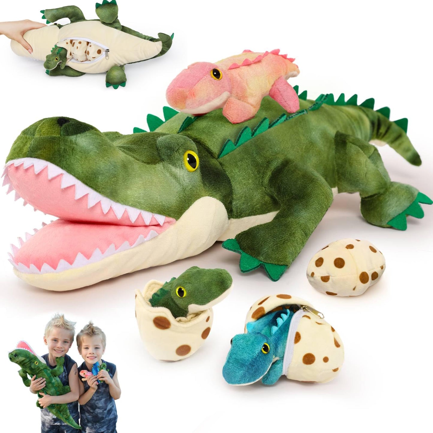 MorisMos Plush Alligator with Babies – 23.6'' Mommy Alligator + 3 Baby Crocodiles & 3 Plush Eggs