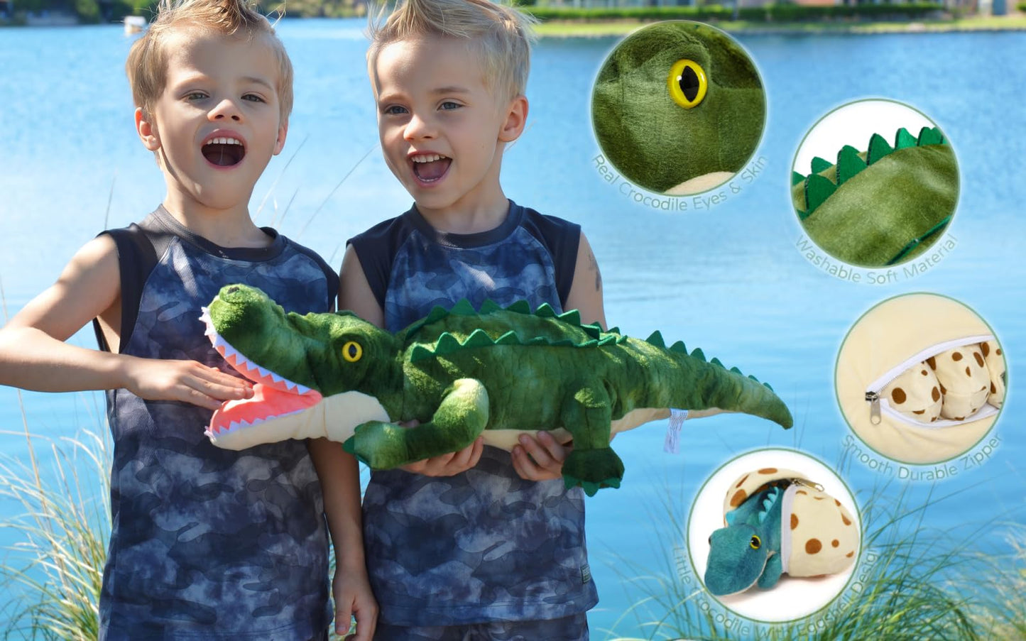 MorisMos Plush Alligator with Babies – 23.6'' Mommy Alligator + 3 Baby Crocodiles & 3 Plush Eggs