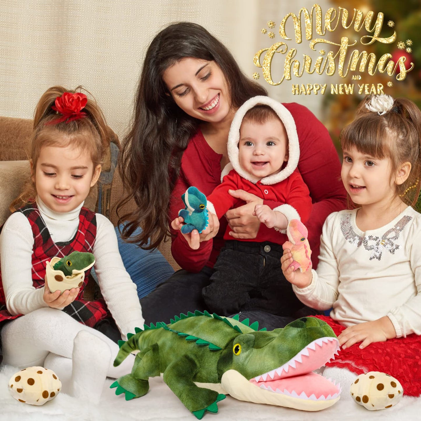 MorisMos Plush Alligator with Babies – 23.6'' Mommy Alligator + 3 Baby Crocodiles & 3 Plush Eggs