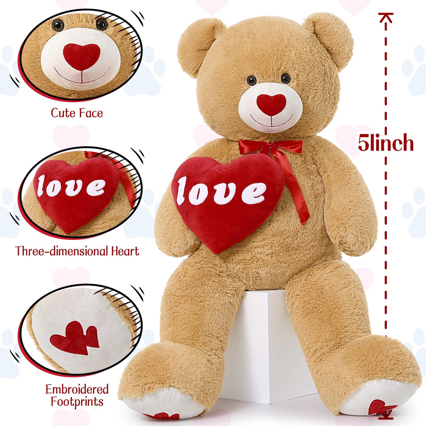 MorisMos Love Heart Giant Teddy Bear (51 in) – I Love You Plush Gift