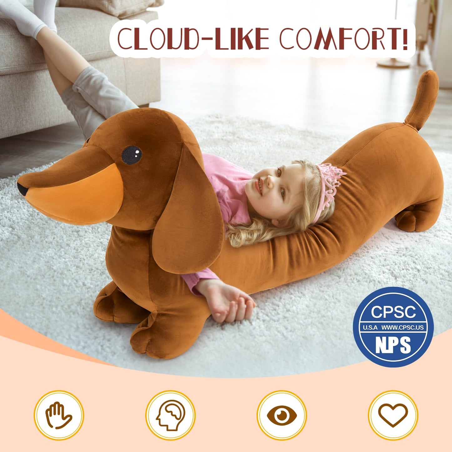 MorisMos Giant Dachshund Plush 4ft – Realistic Weiner Dog Body Pillow