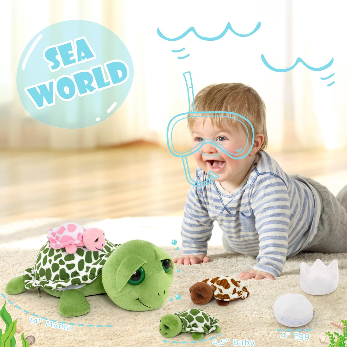 MorisMos Sea Turtle Family Stuffed Animal — 14-Inch Mommy Turtle with 3 Babies & 2 Eggs