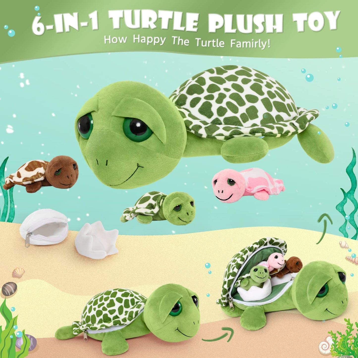 MorisMos Sea Turtle Family Stuffed Animal — 14-Inch Mommy Turtle with 3 Babies & 2 Eggs