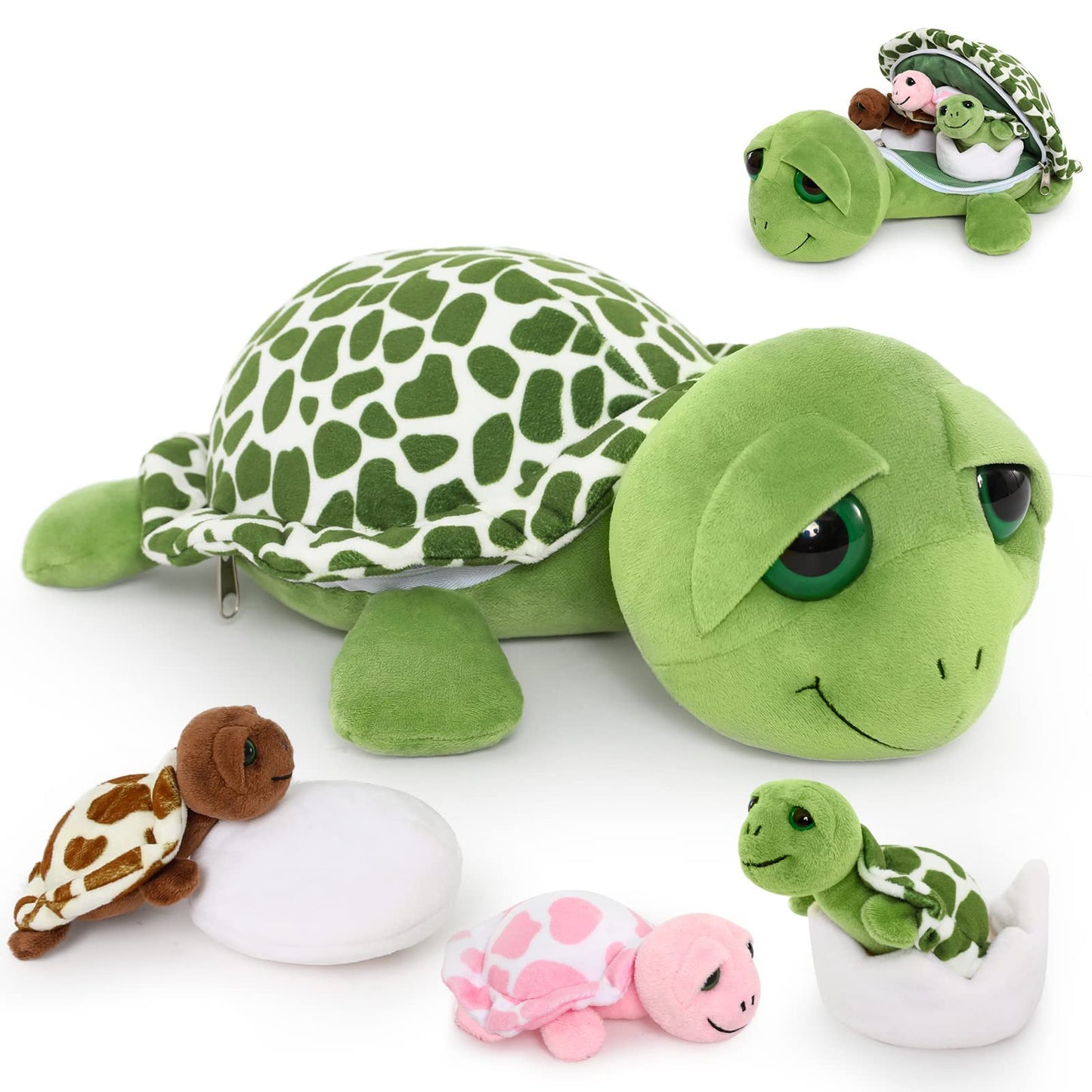 MorisMos Sea Turtle Family Stuffed Animal — 14-Inch Mommy Turtle with 3 Babies & 2 Eggs