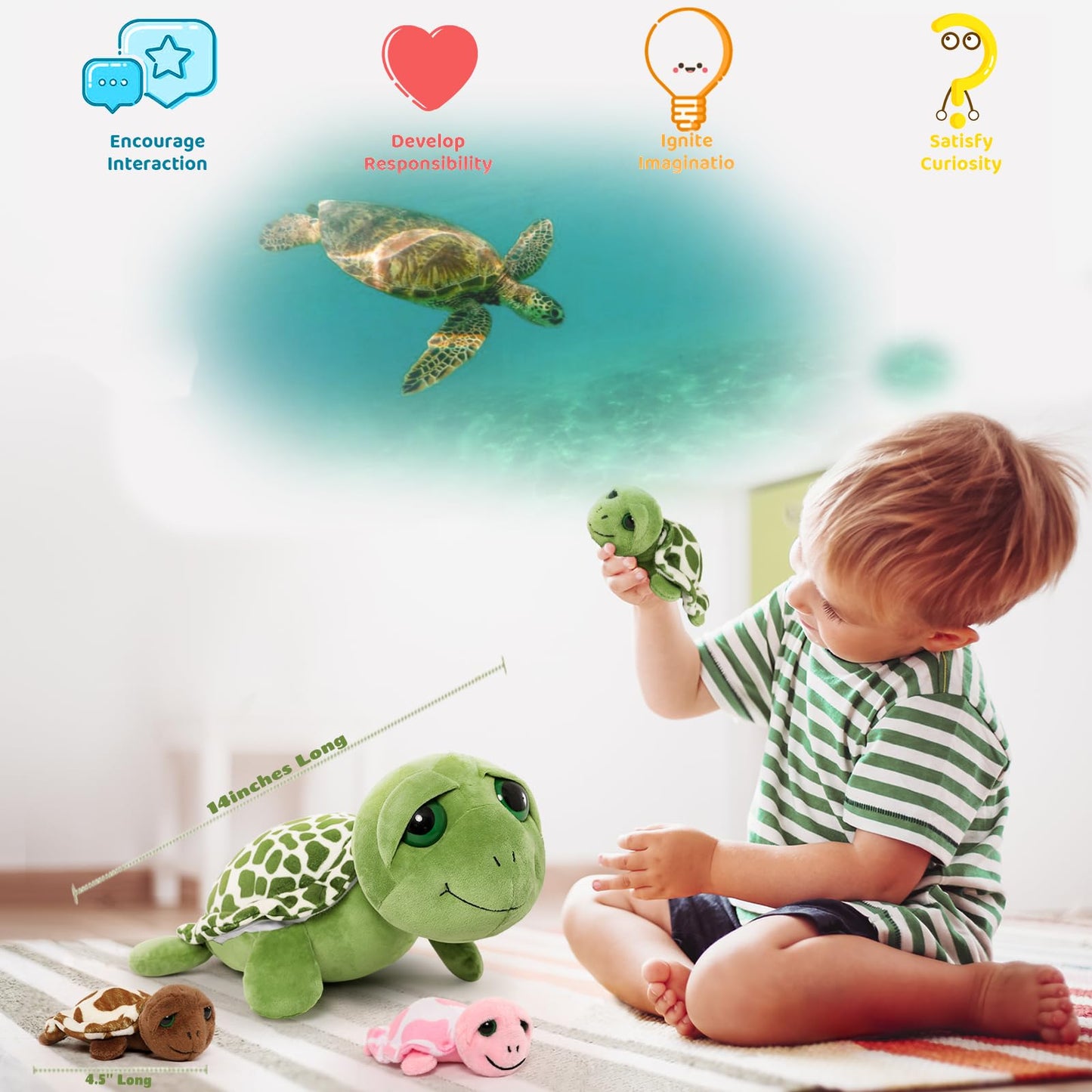 MorisMos Sea Turtle Family Stuffed Animal — 14-Inch Mommy Turtle with 3 Babies & 2 Eggs