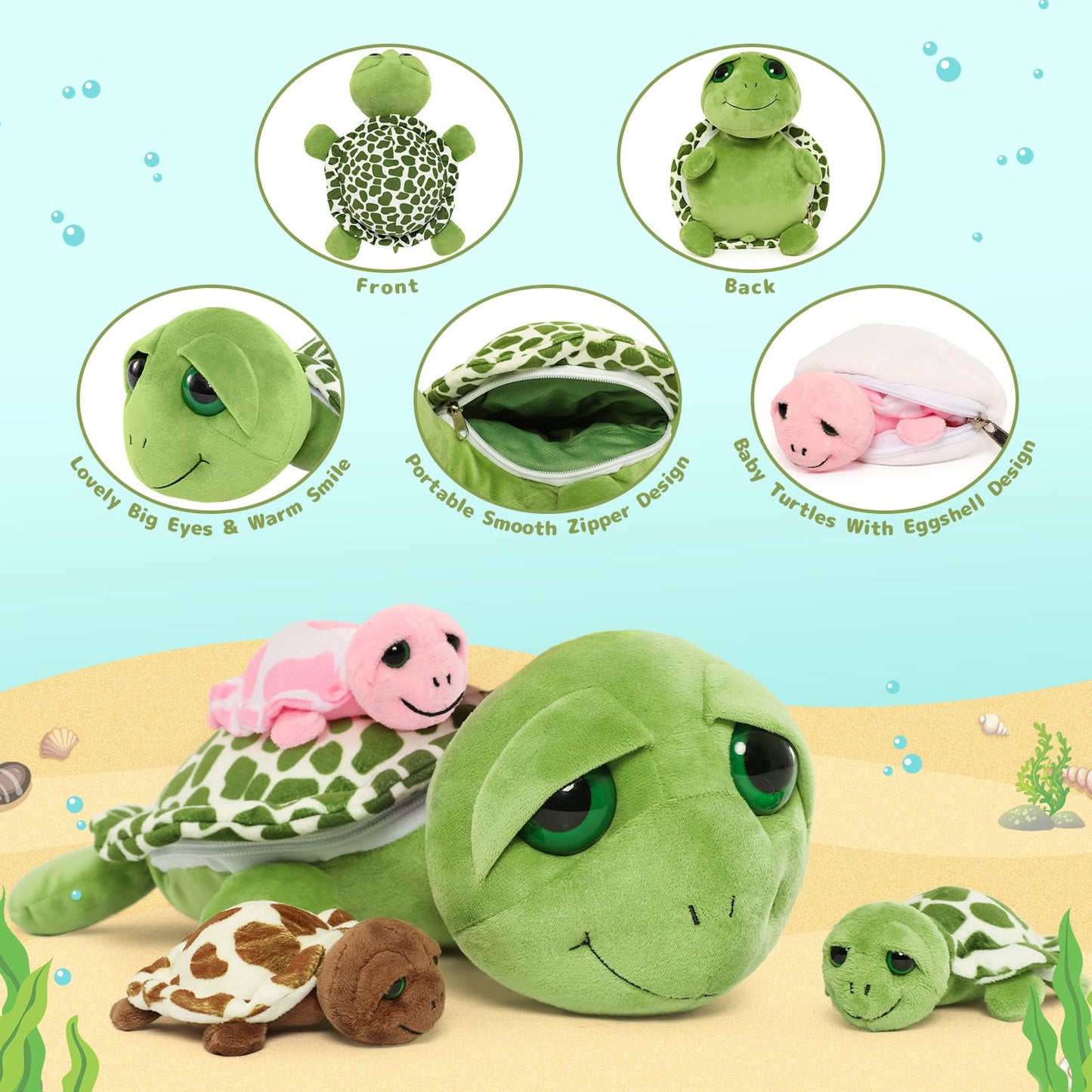 MorisMos Sea Turtle Family Stuffed Animal — 14-Inch Mommy Turtle with 3 Babies & 2 Eggs