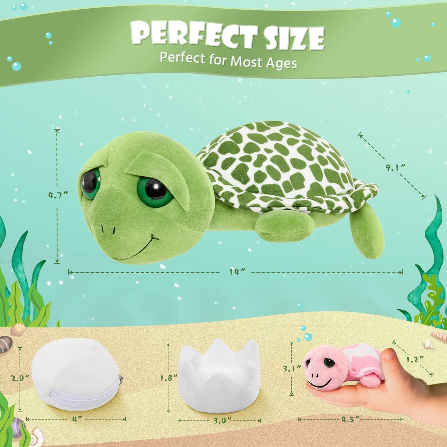 MorisMos Sea Turtle Family Stuffed Animal — 14-Inch Mommy Turtle with 3 Babies & 2 Eggs