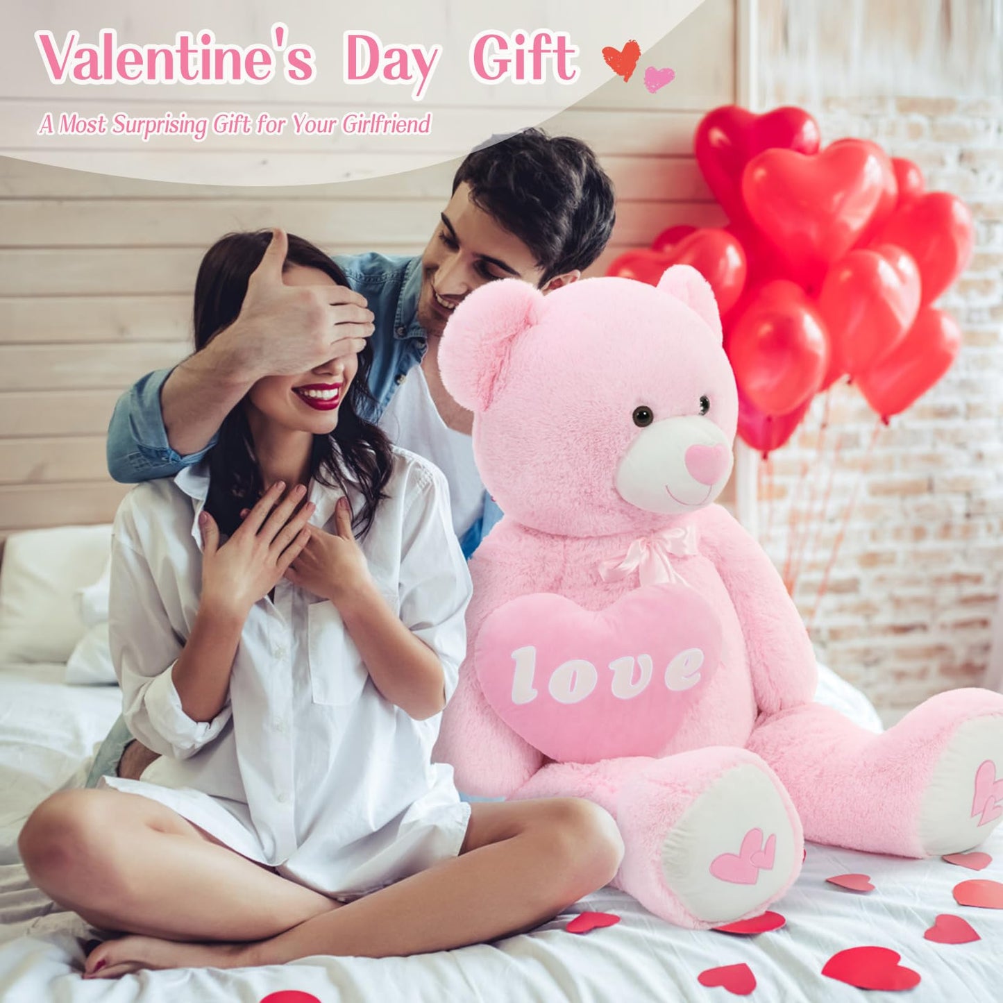 MorisMos Love Heart Giant Teddy Bear - 51-Inch Pink Plush Gift for Girlfriend