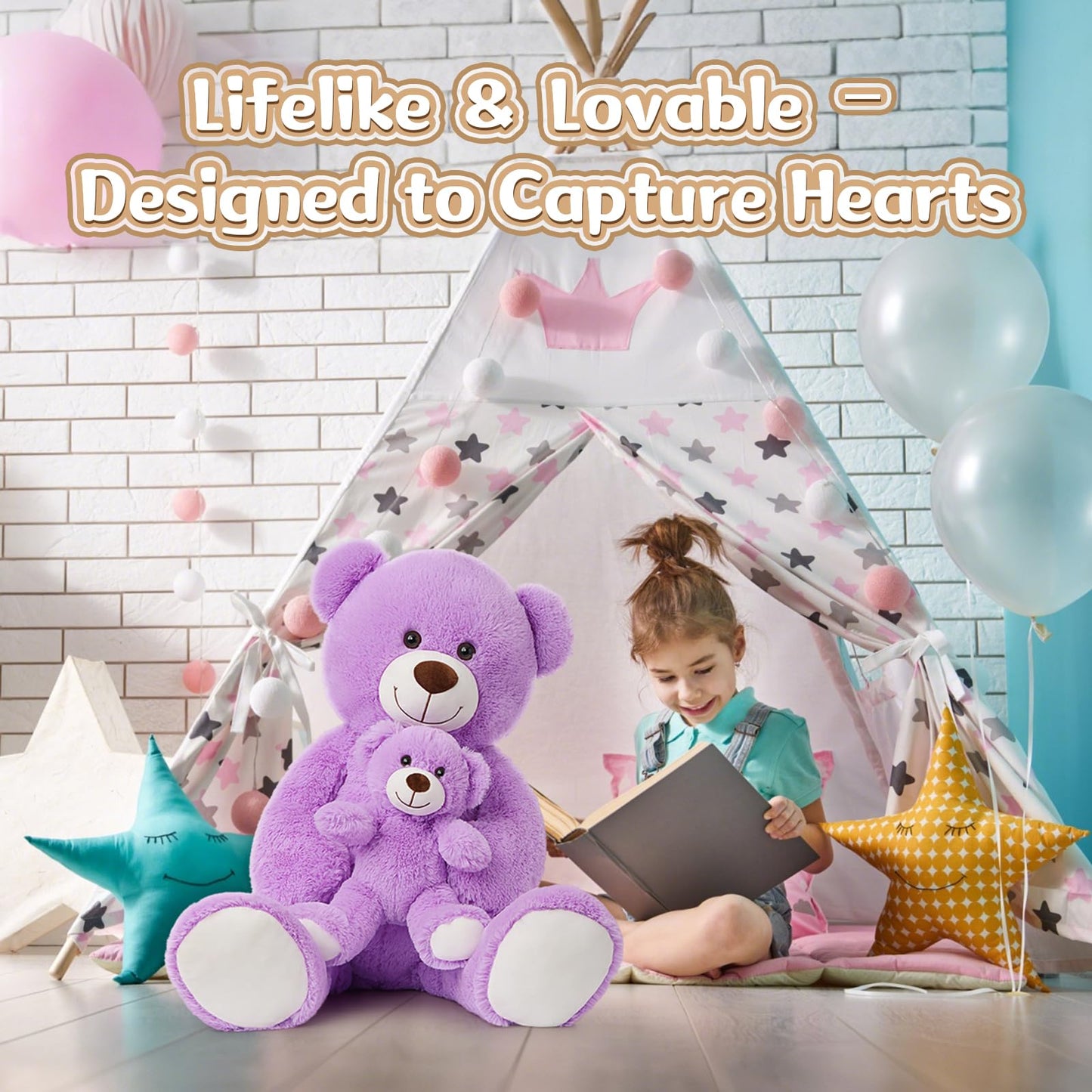 MorisMos Mom and Baby Giant Teddy Bear – 39-Inch Purple Plush for Baby Showers & Cozy Rooms