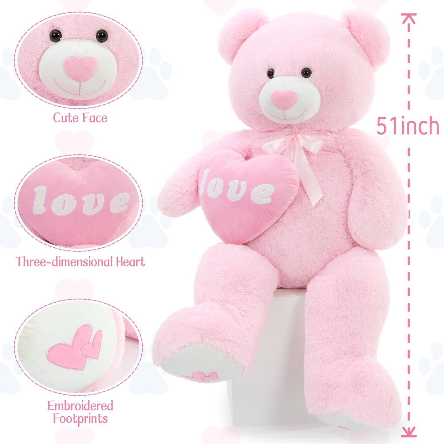 MorisMos Love Heart Giant Teddy Bear - 51-Inch Pink Plush Gift for Girlfriend