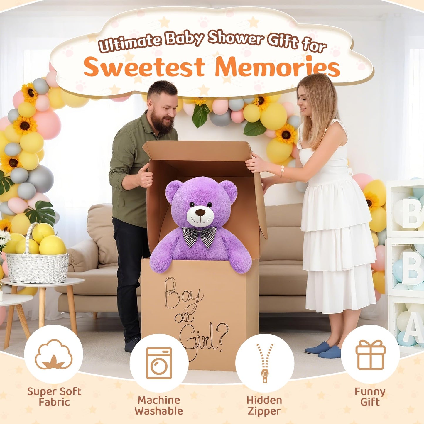 MorisMos 39-Inch Giant Purple Teddy Bear | Large Plush for Cozy Cuddles