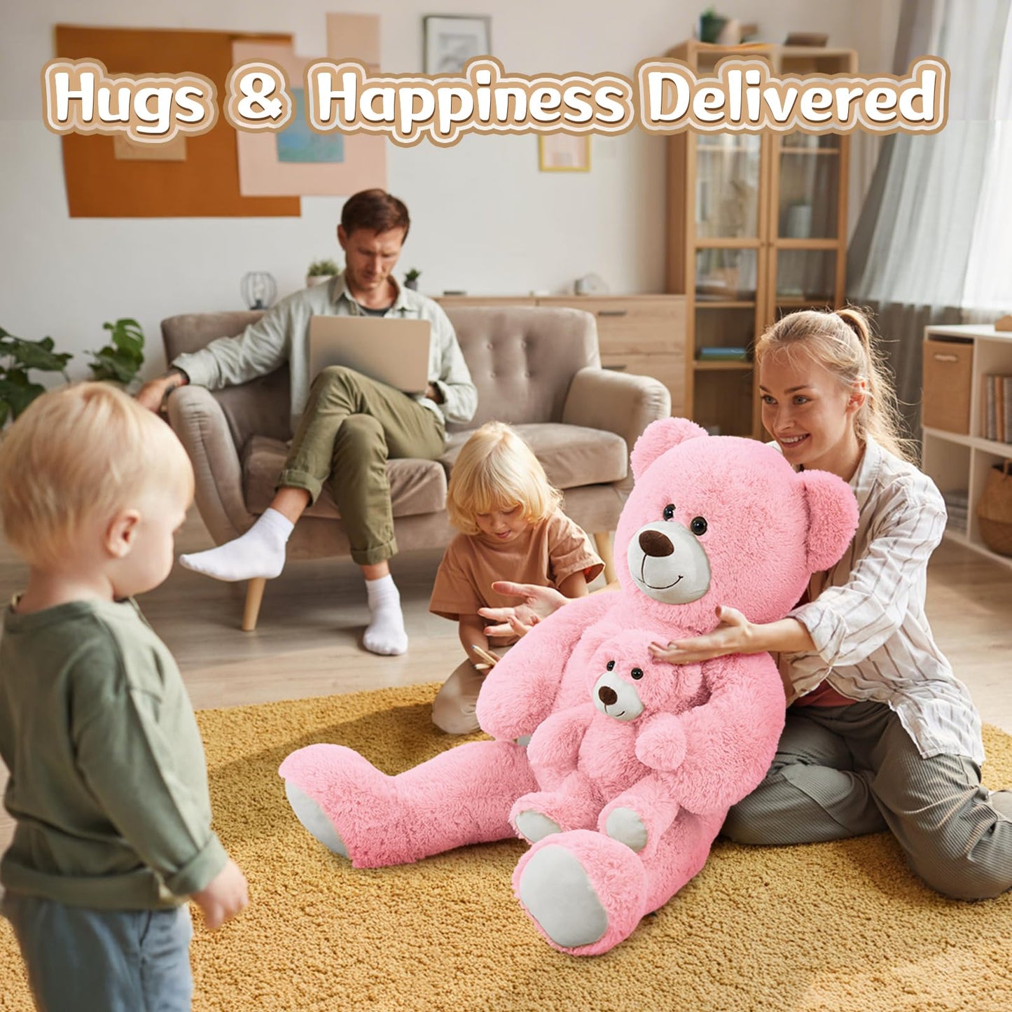 MorisMos Mom and Baby Giant Teddy Bear, 39-Inch Pink Plush