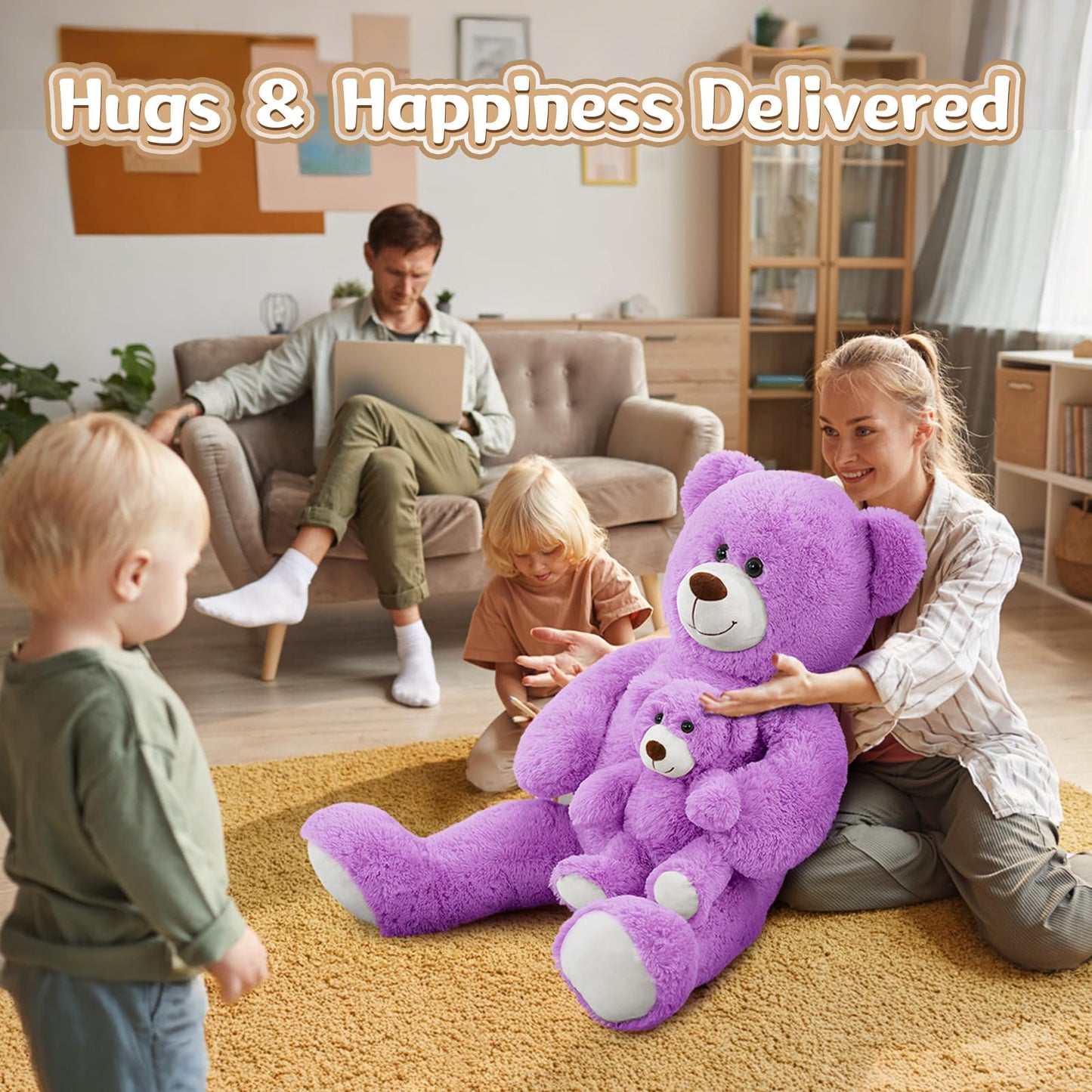 MorisMos Mom and Baby Giant Teddy Bear – 39-Inch Purple Plush for Baby Showers & Cozy Rooms