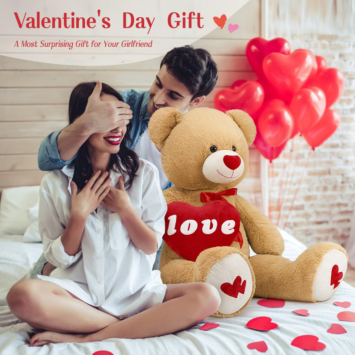 MorisMos Love Heart Giant Teddy Bear – 4 ft I Love You Plush, Brown