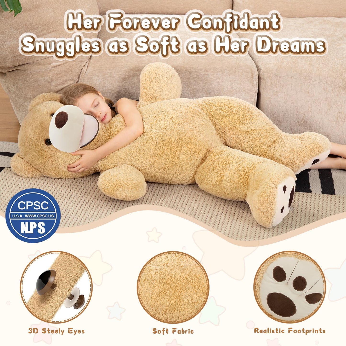 MorisMos Smiling Giant Teddy Bear – 4 ft Tall, Ultra-Soft Brown Plush