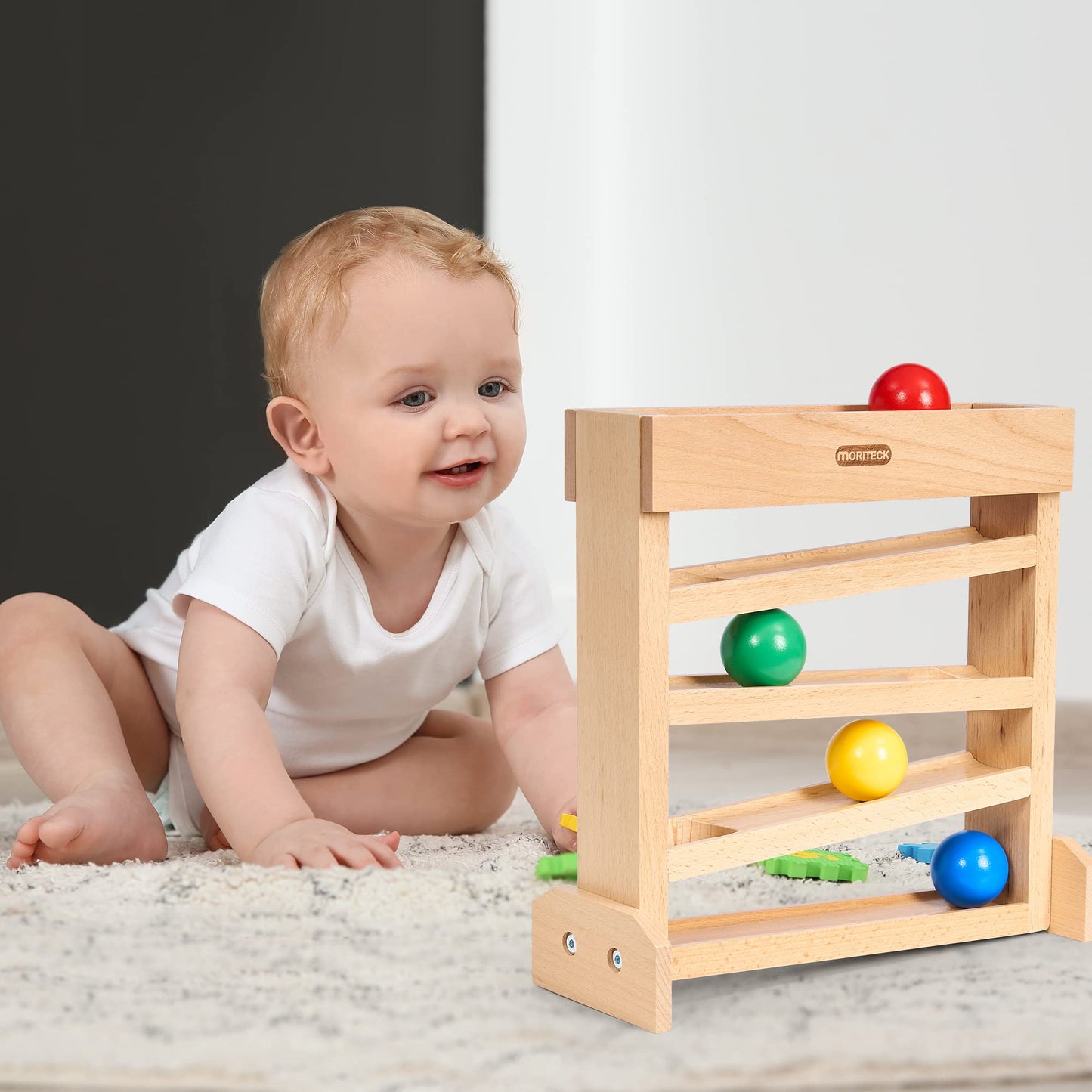 MORITECK Montessori Ball Drop Toy – Wooden Ball Tracker for Toddlers 1-3