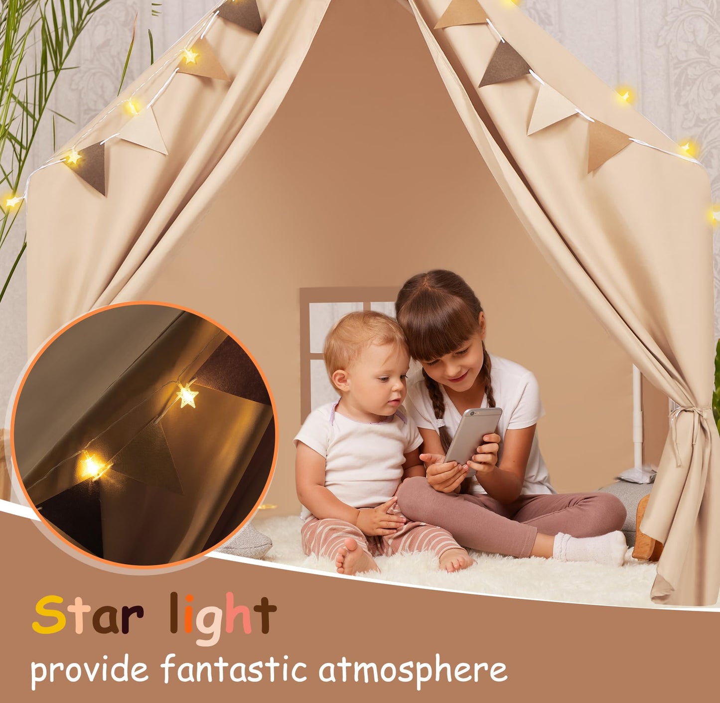 MORITECK Kids Play Tent with Padded Mat & Star LED Lights — Large Indoor Play House for Ages 4-10