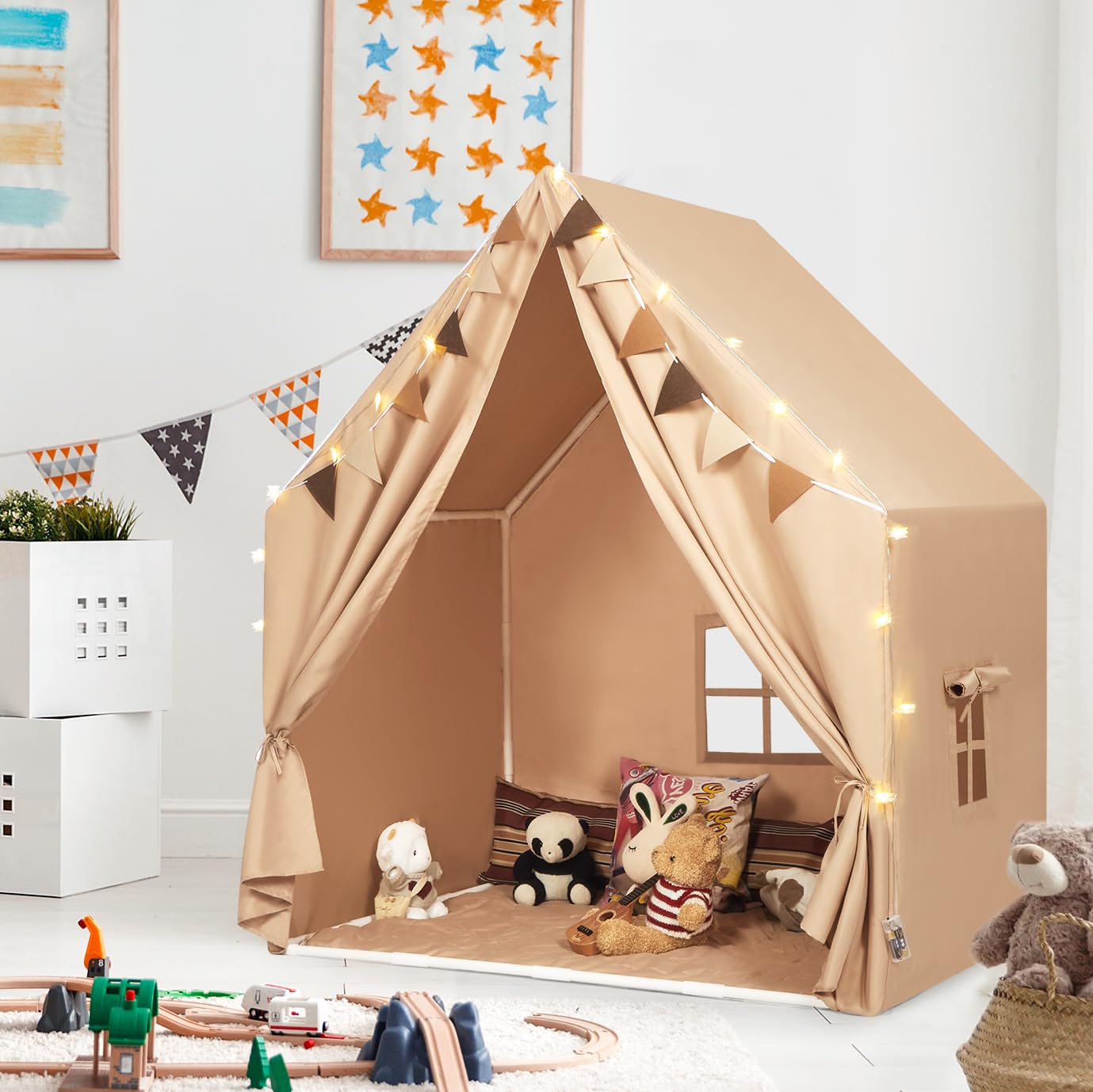 MORITECK Kids Play Tent with Padded Mat & Star LED Lights — Large Indoor Play House for Ages 4-10