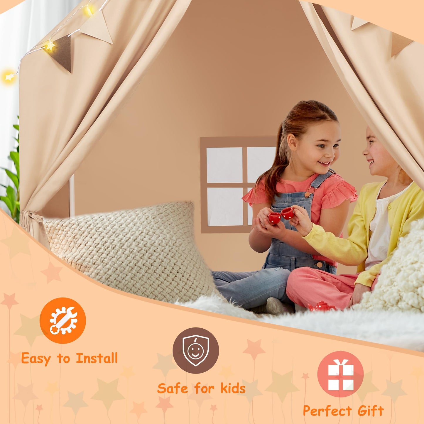 MORITECK Kids Play Tent with Padded Mat & Star LED Lights — Large Indoor Play House for Ages 4-10