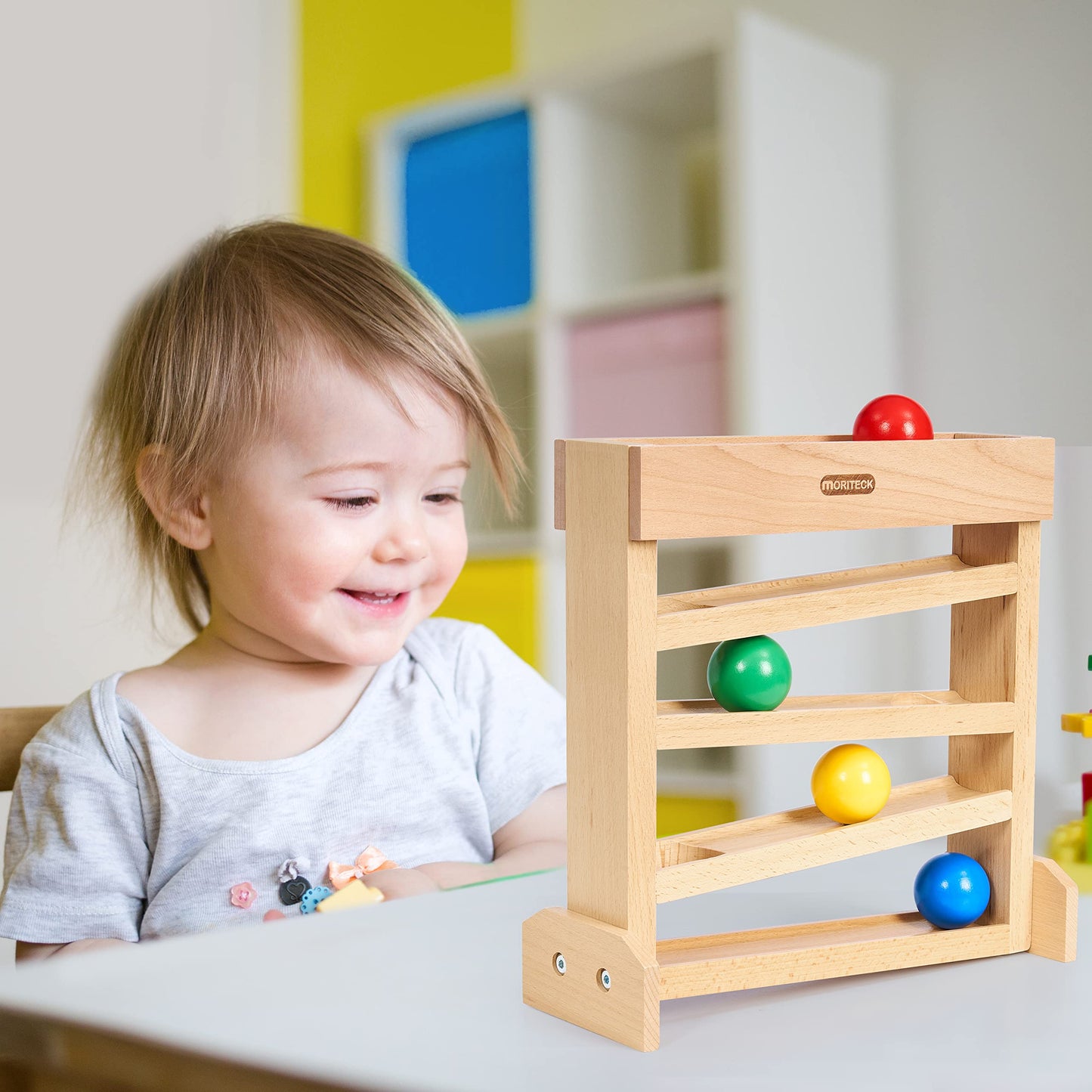 MORITECK Montessori Ball Drop Toy – Wooden Ball Tracker for Toddlers 1-3