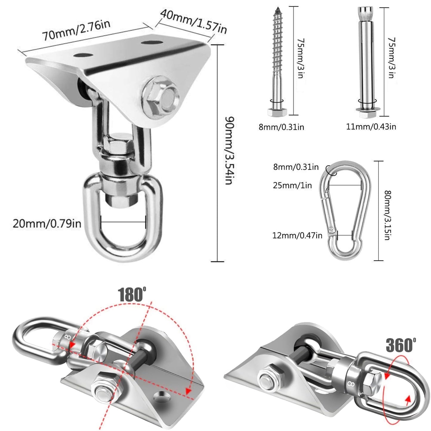 Mornihima Swing Hanger – 360° Stainless Steel Hammock Brackets, 2000lb Capacity (2-Pack)