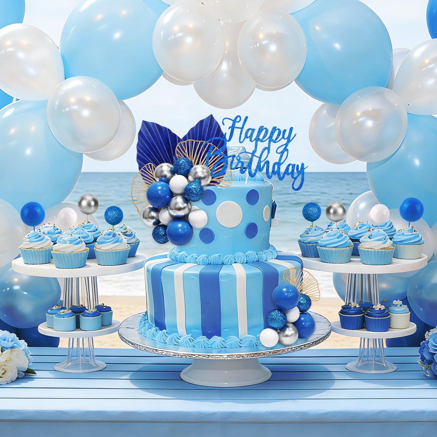 Morofme Navy Blue Boho Cake Topper Set – 20 Foam Balls, Palm Leaves, Ginkgo, White-Silver Balloon
