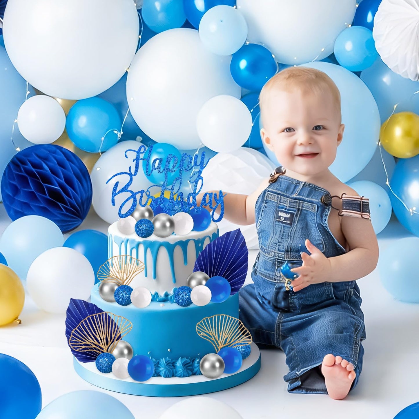 Morofme Navy Blue Boho Cake Topper Set – 20 Foam Balls, Palm Leaves, Ginkgo, White-Silver Balloon