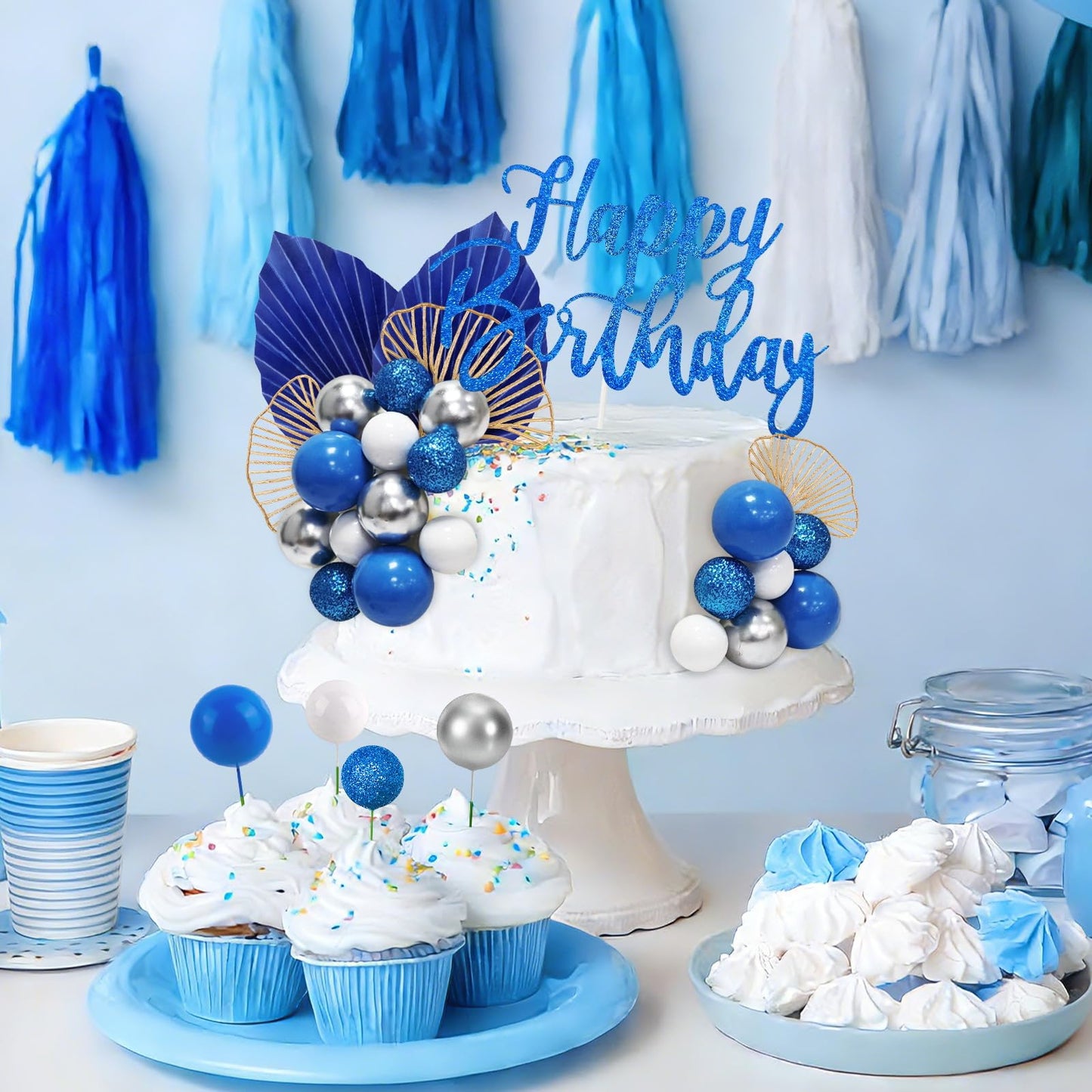 Morofme Navy Blue Boho Cake Topper Set – 20 Foam Balls, Palm Leaves, Ginkgo, White-Silver Balloon