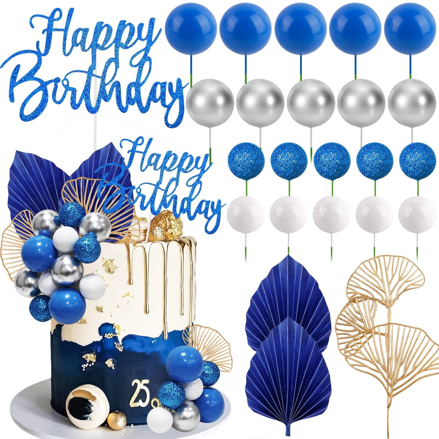 Morofme Navy Blue Boho Cake Topper Set – 20 Foam Balls, Palm Leaves, Ginkgo, White-Silver Balloon