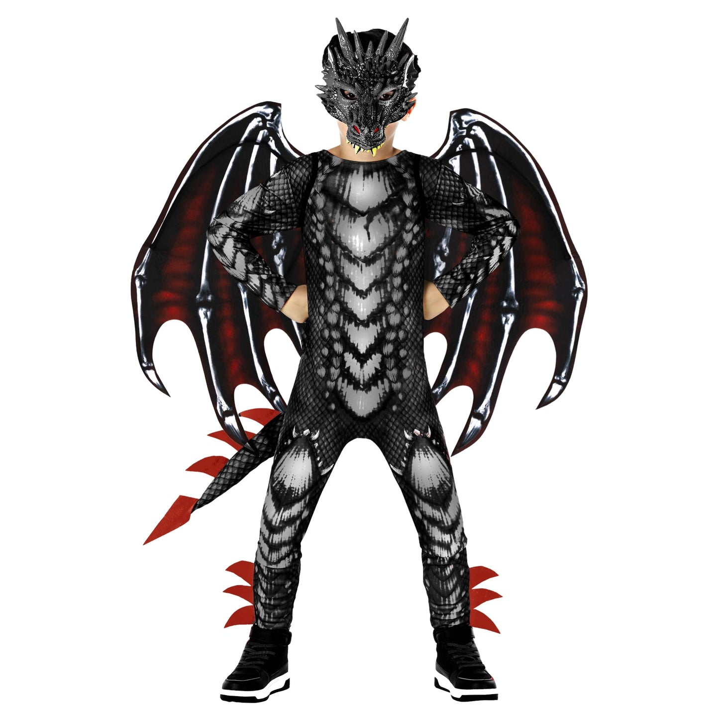 Morph Black Red Dragon Costume for Kids – Jumpsuit, Wings & Mask (Size L 10-12Y)