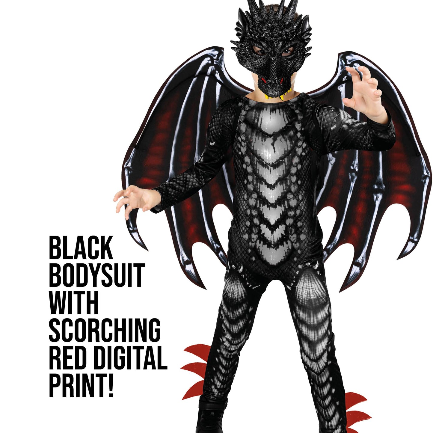 Morph Black Red Dragon Costume for Kids – Jumpsuit, Wings & Mask (Size L 10-12Y)