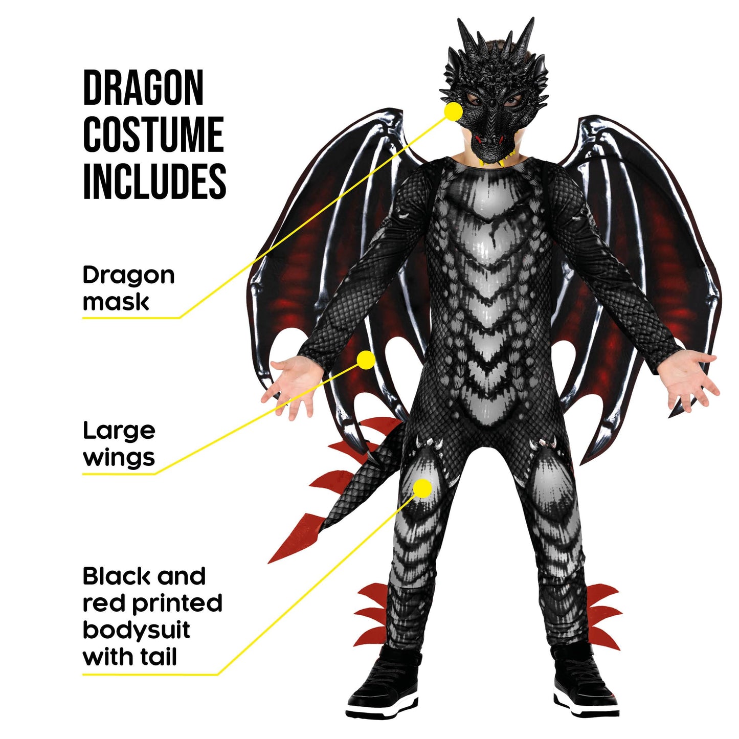 Morph Black Red Dragon Costume for Kids – Jumpsuit, Wings & Mask (Size L 10-12Y)