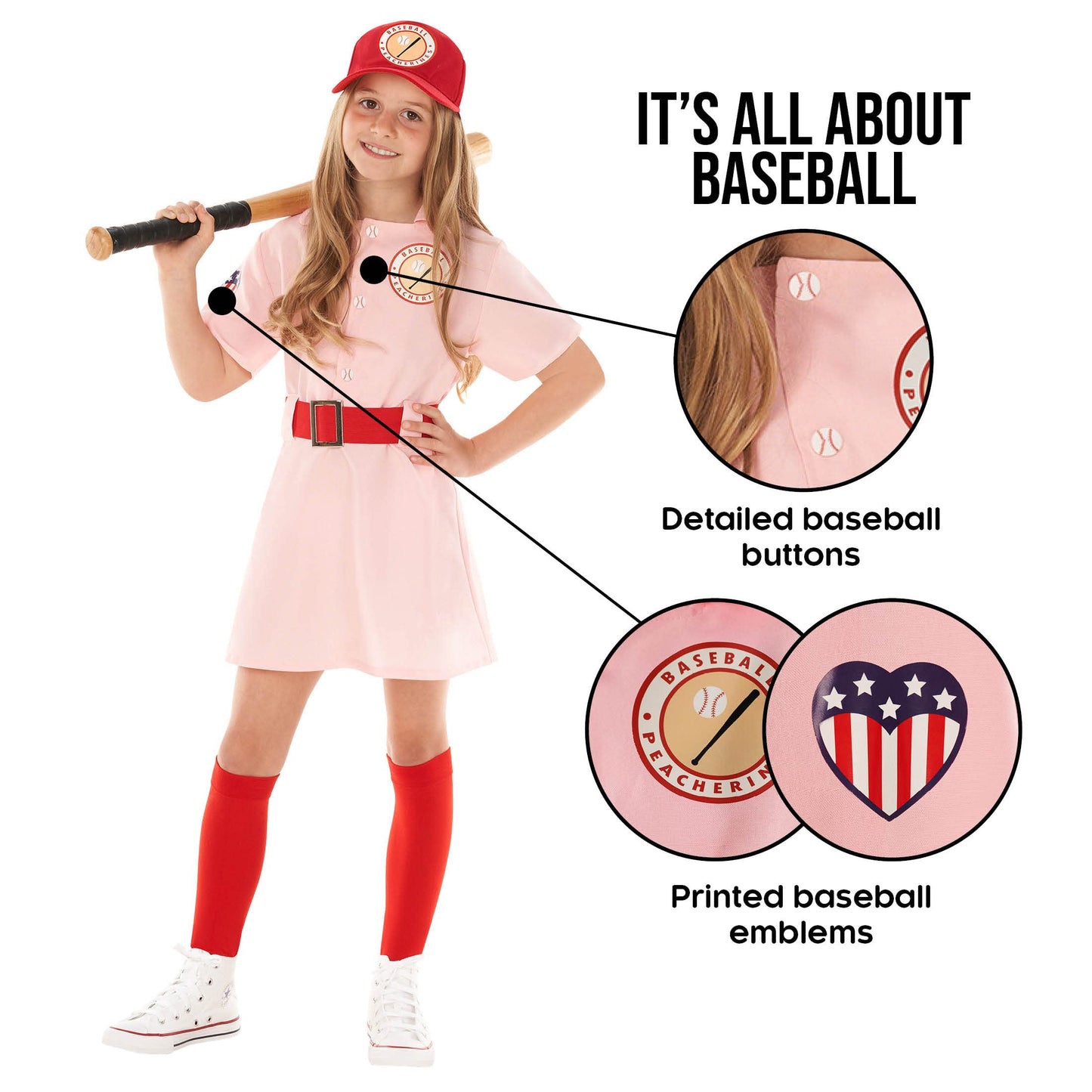 Morph Pink Baseball Costume for Girls – 7-9 Years | Kids Softball Halloween Outfit
