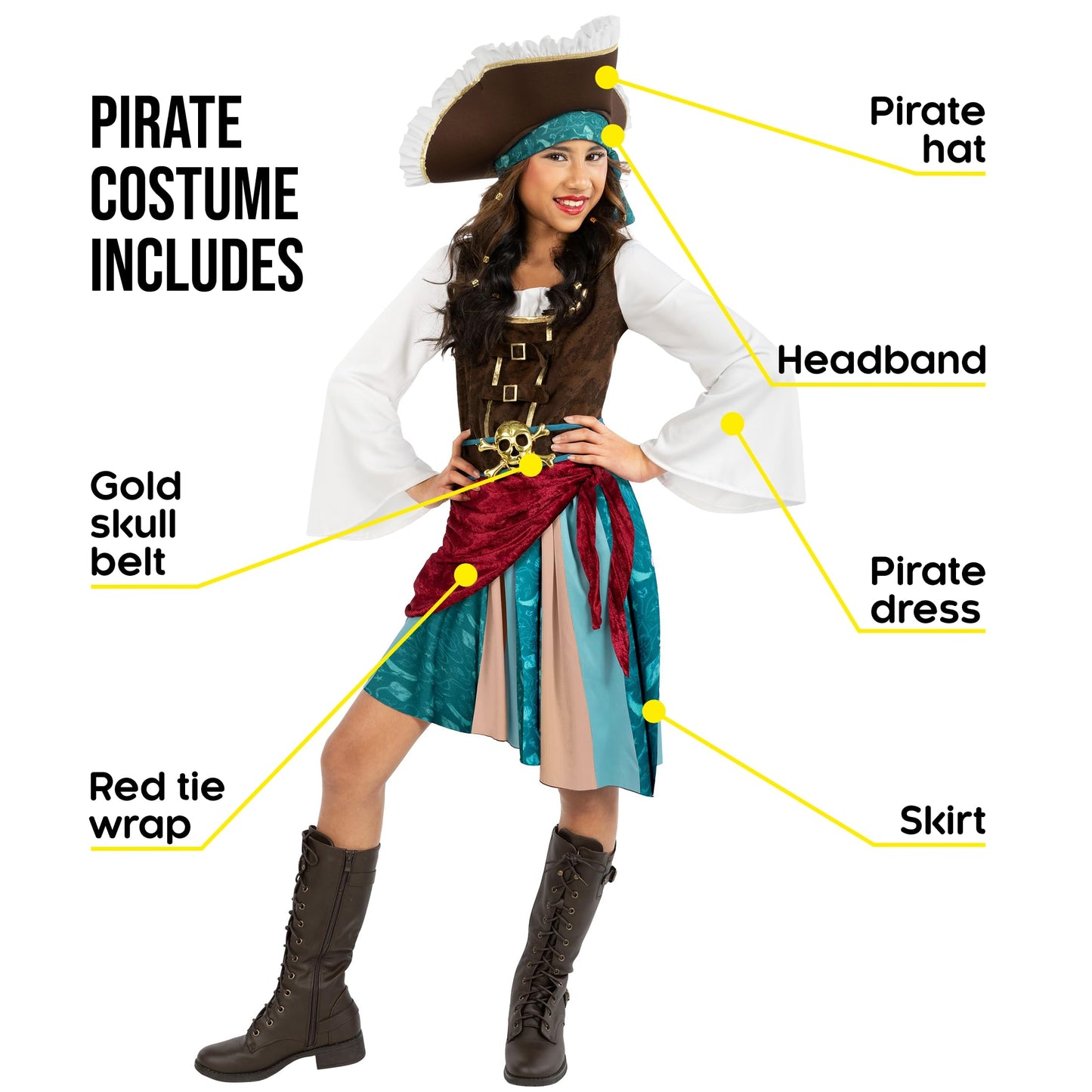 Morph Pirate Captain Girls Costume – Buccaneer Dress, Belt, Hat & Headscarf (Ages 4-14)