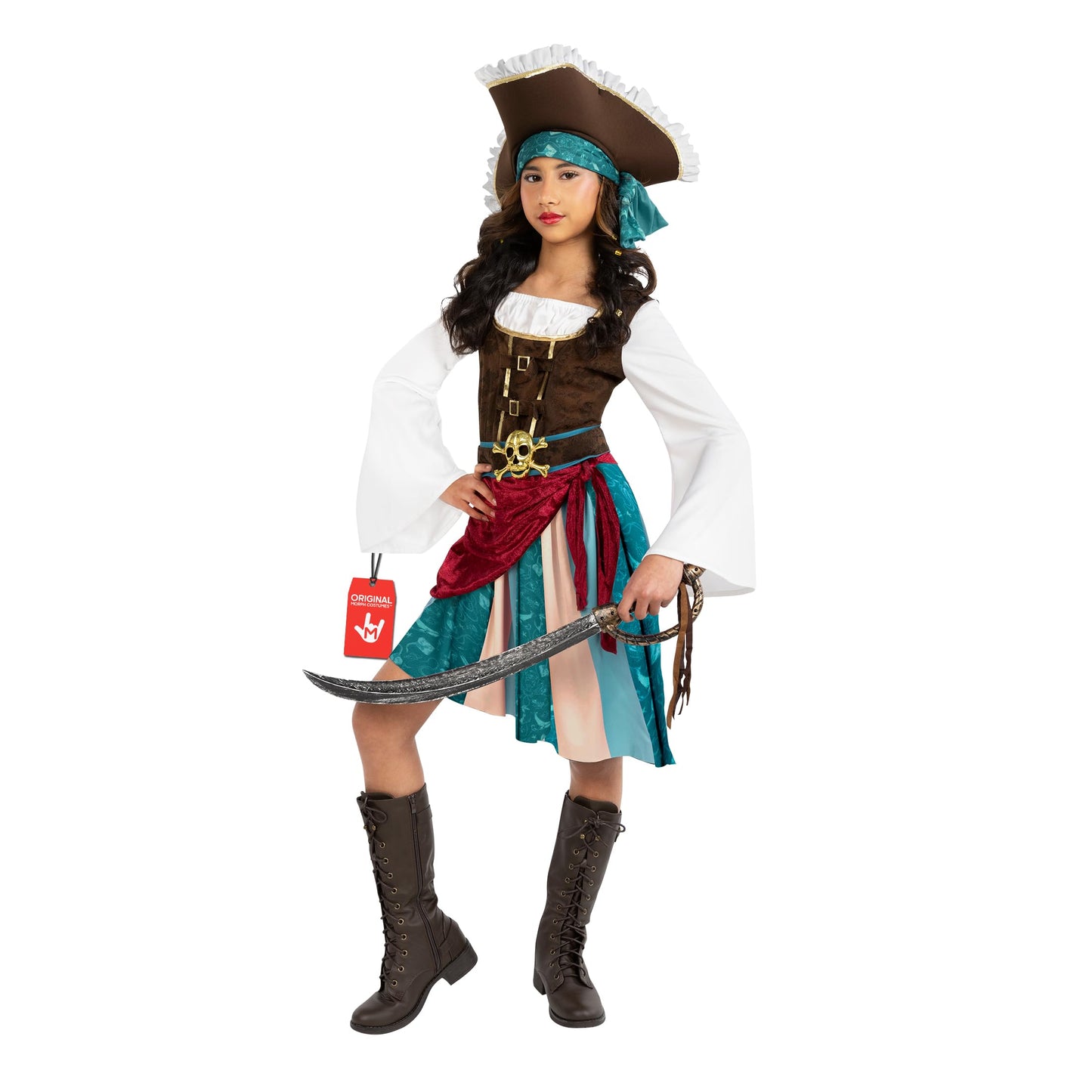 Morph Pirate Captain Girls Costume – Buccaneer Dress, Belt, Hat & Headscarf (Ages 4-14)