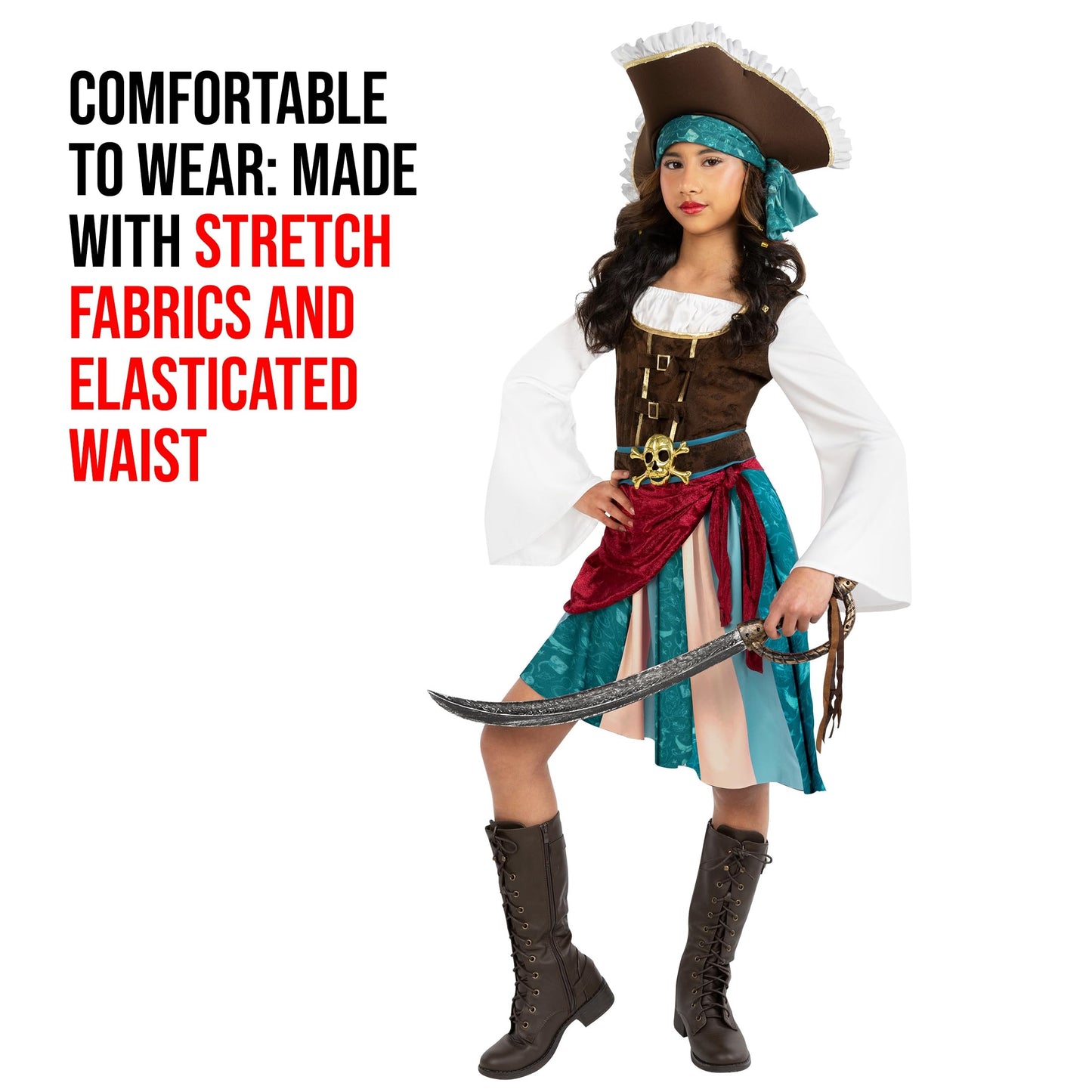 Morph Pirate Captain Girls Costume – Buccaneer Dress, Belt, Hat & Headscarf (Ages 4-14)