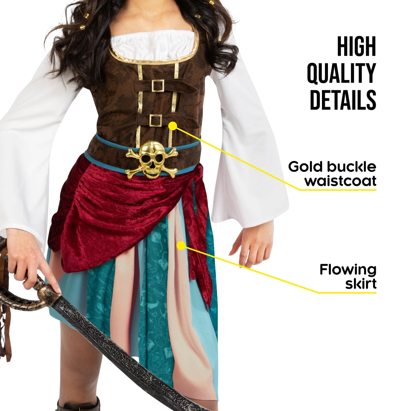 Morph Pirate Captain Girls Costume – Buccaneer Dress, Belt, Hat & Headscarf (Ages 4-14)