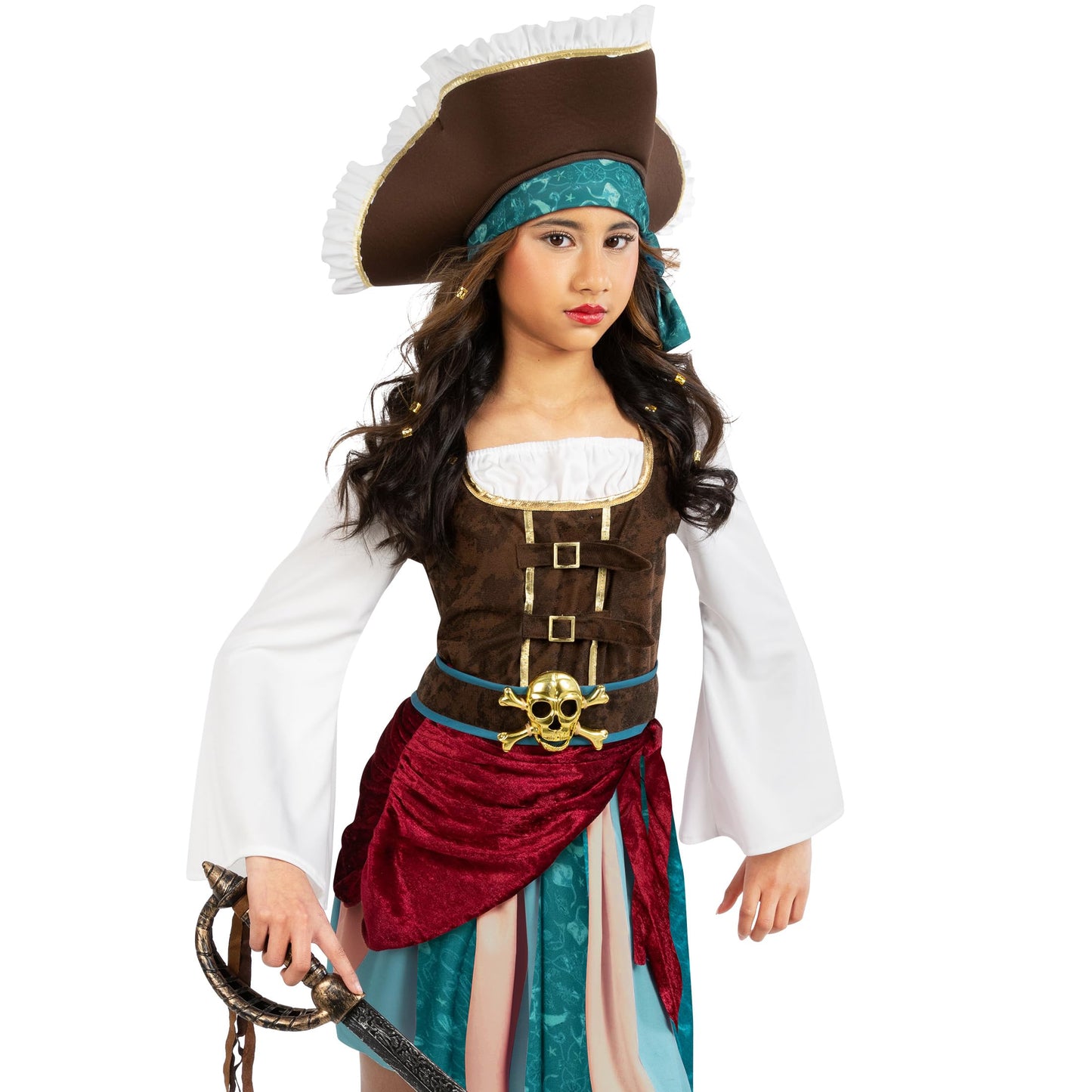 Morph Pirate Captain Girls Costume – Buccaneer Dress, Belt, Hat & Headscarf (Ages 4-14)