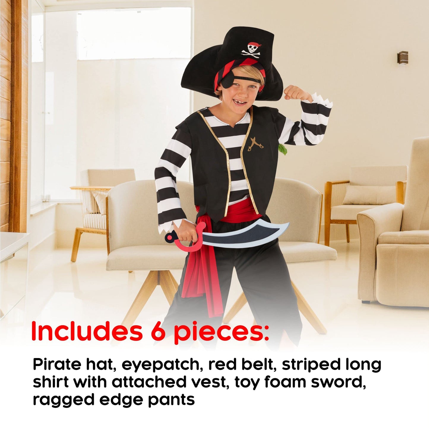Morph Pirate Costume for Boys — Black & White Pirate Outfit, Size Small