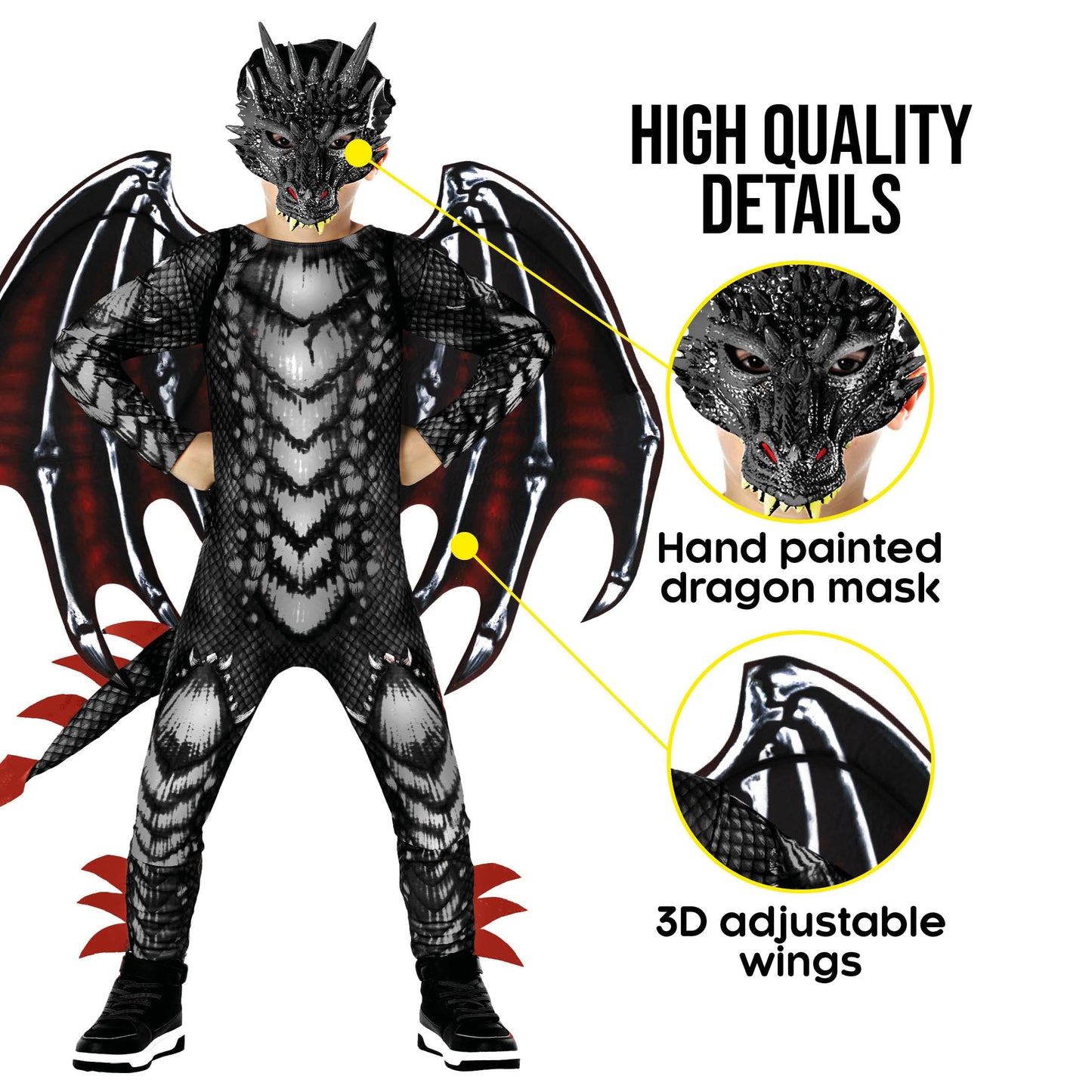 Morph Black Red Dragon Costume for Kids – Jumpsuit, Wings & Mask (Size L 10-12Y)