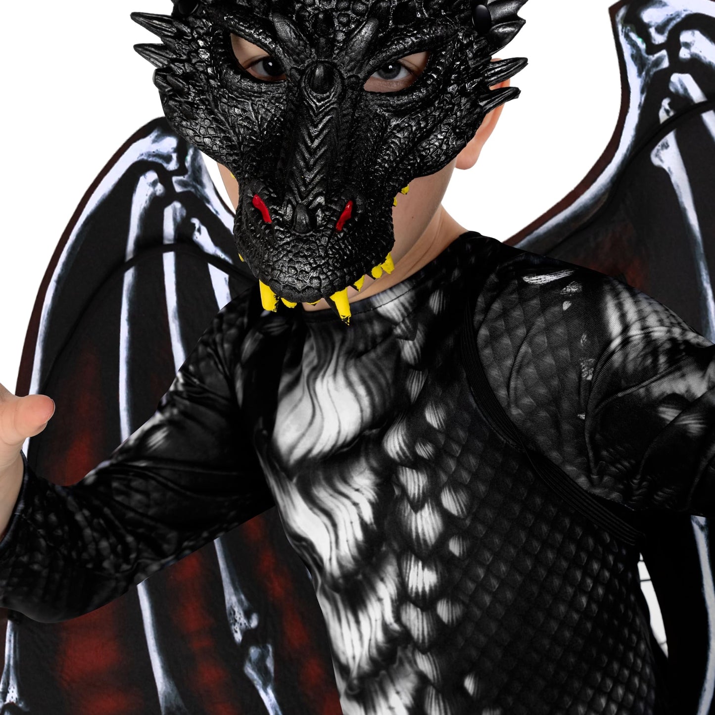 Morph Black Red Dragon Costume for Kids – Jumpsuit, Wings & Mask (Size L 10-12Y)