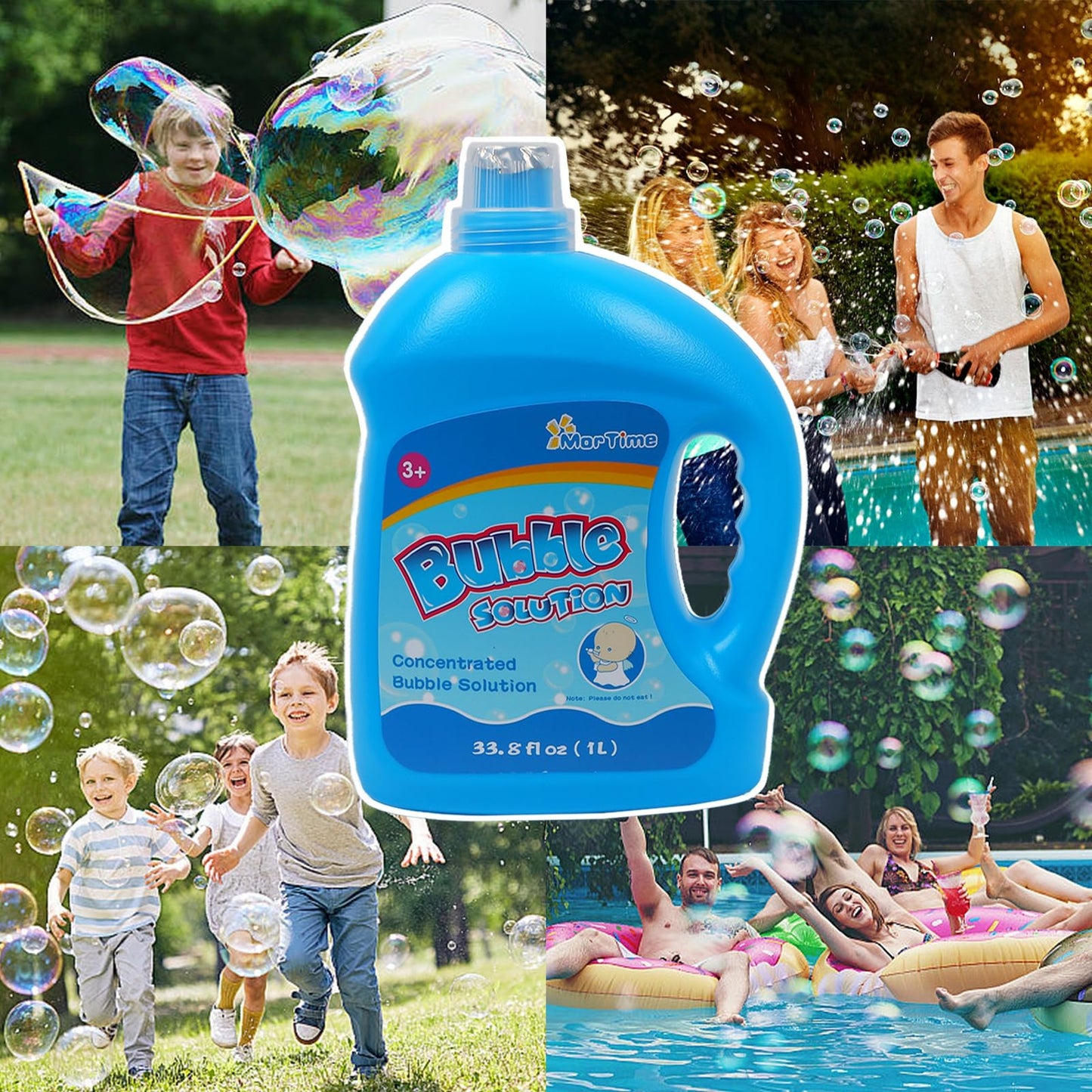 MorTime 3 Bottles Bubble Solution Refills – 3 L / 101 oz Concentrated Refill for Bubble Wands, Machines & Blowers