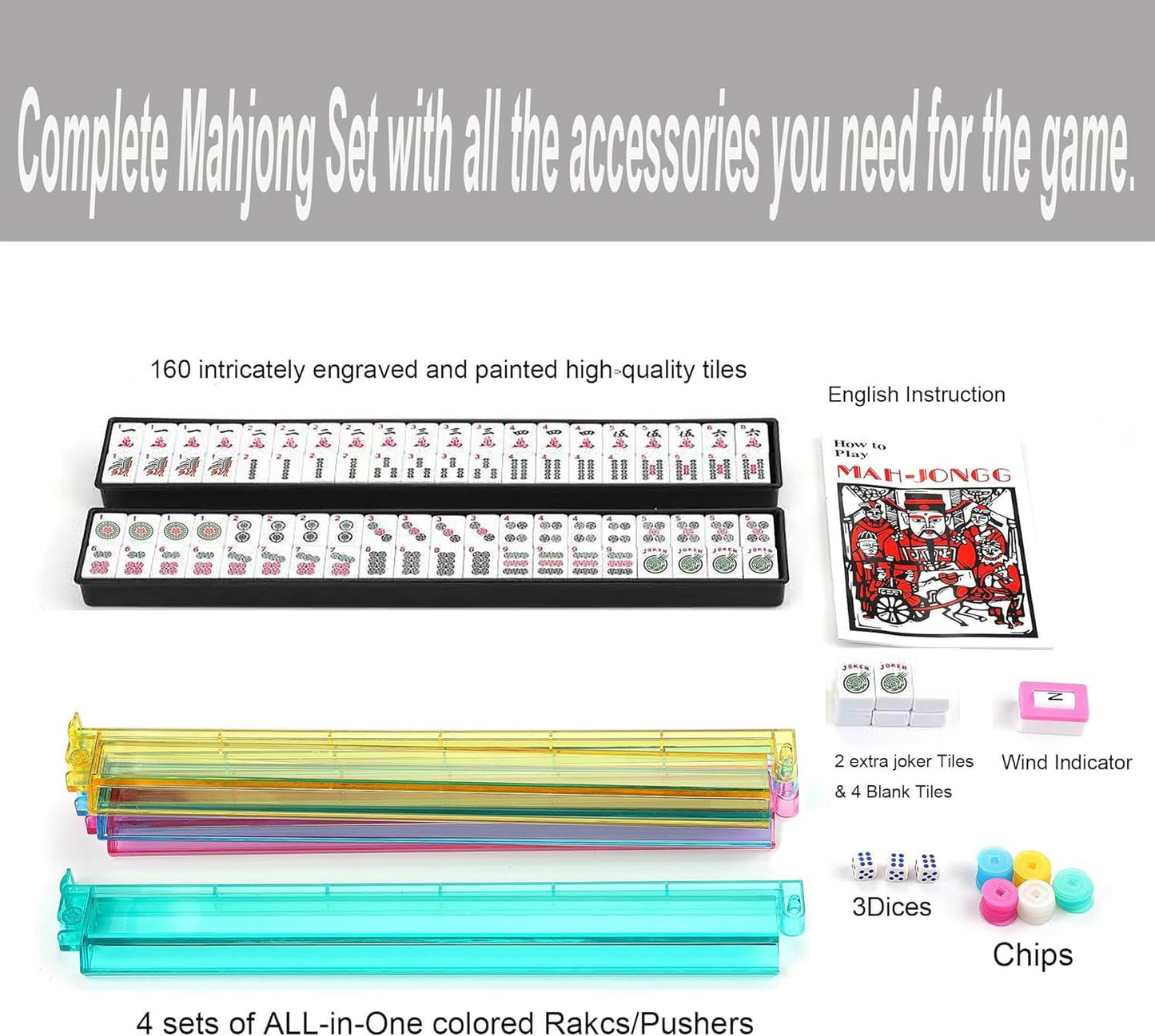 Mose Cafolo American Mahjong Game Set – Pearl Gray Quilted Bag, 166 Engraved White Tiles, 4-in-1 Racks