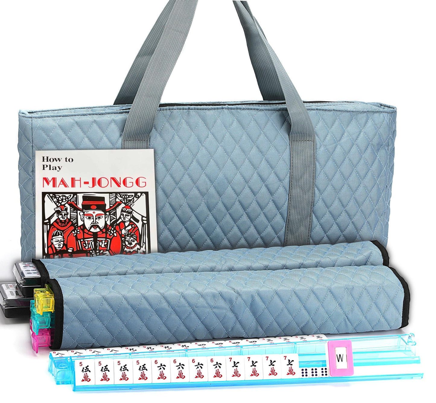 Mose Cafolo American Mahjong Game Set – Pearl Gray Quilted Bag, 166 Engraved White Tiles, 4-in-1 Racks