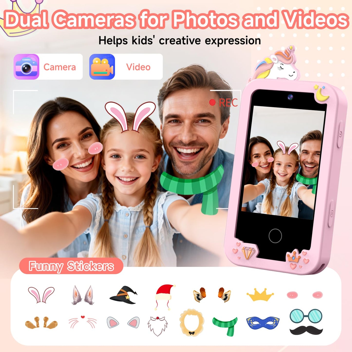 MOTCTQVD Kids Phone Toy for Girls 3-9 — Dual Cameras, Music, Games (Offline)