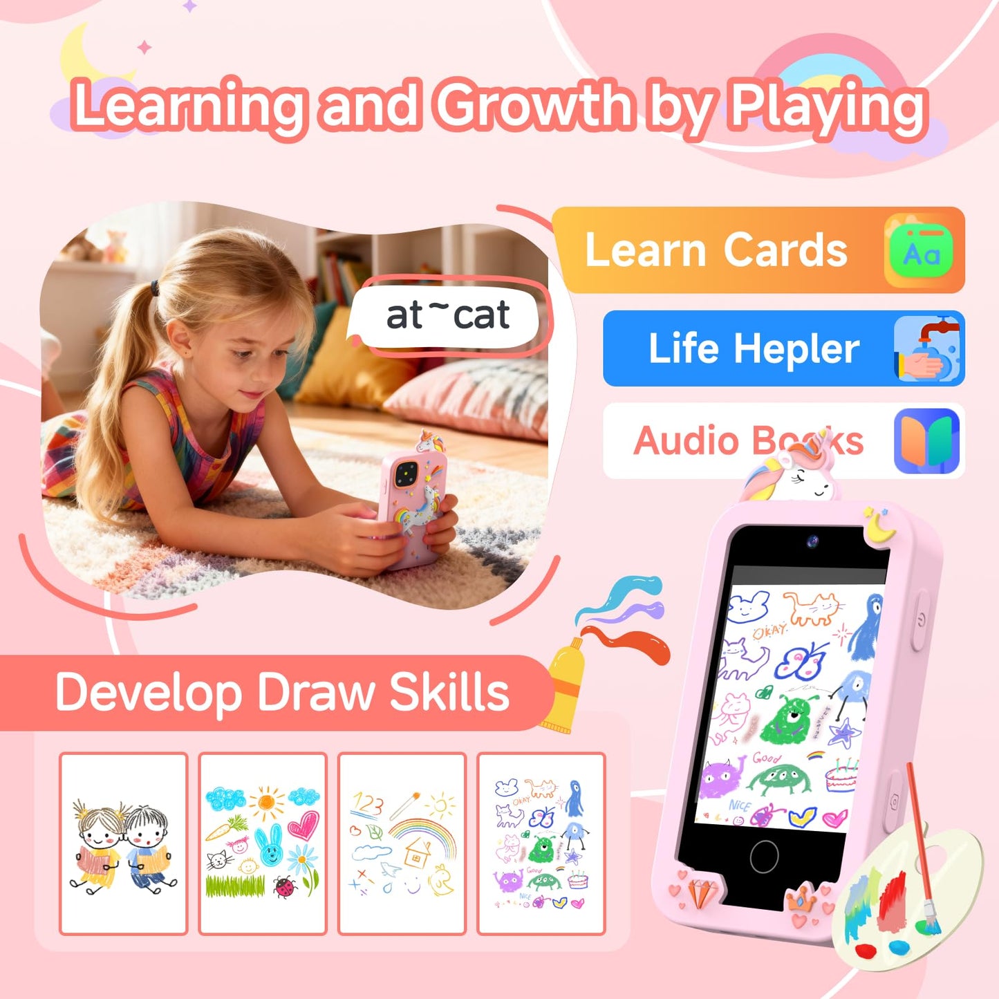 MOTCTQVD Kids Phone Toy for Girls 3-9 — Dual Cameras, Music, Games (Offline)